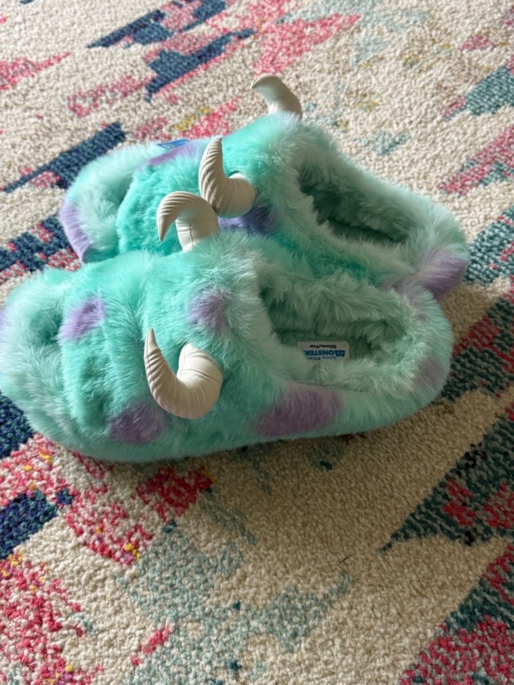 CROCS Sully Mint Green Fuzzy Slippers with Lavender Spots and Horns - Picture 2 of 3